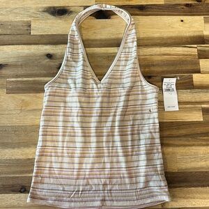 NWT American Eagle Ribbed Halter Crop Top Brown White Yellow Rose Stripe…